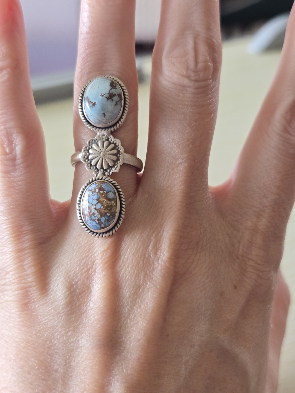 Golden Hills Turquoise Double Stone Ring In Sterling Silver, Southwestern - Picture 4 of 4